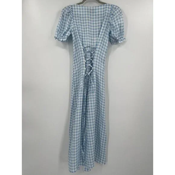 Sleeper Women's Blue Vichy Marquise Corset Linen Dress Midi Lace Up sz XS Check Sleeper Women's Blue Vichy Marquise Corset Linen Dress Midi Lace Up sz XS Check